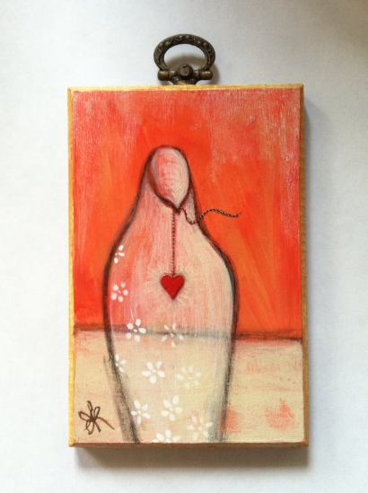 Dove with Heart. © 2014 Aprille Lipton. Original acrylic painting on small vintage wooden plaque.